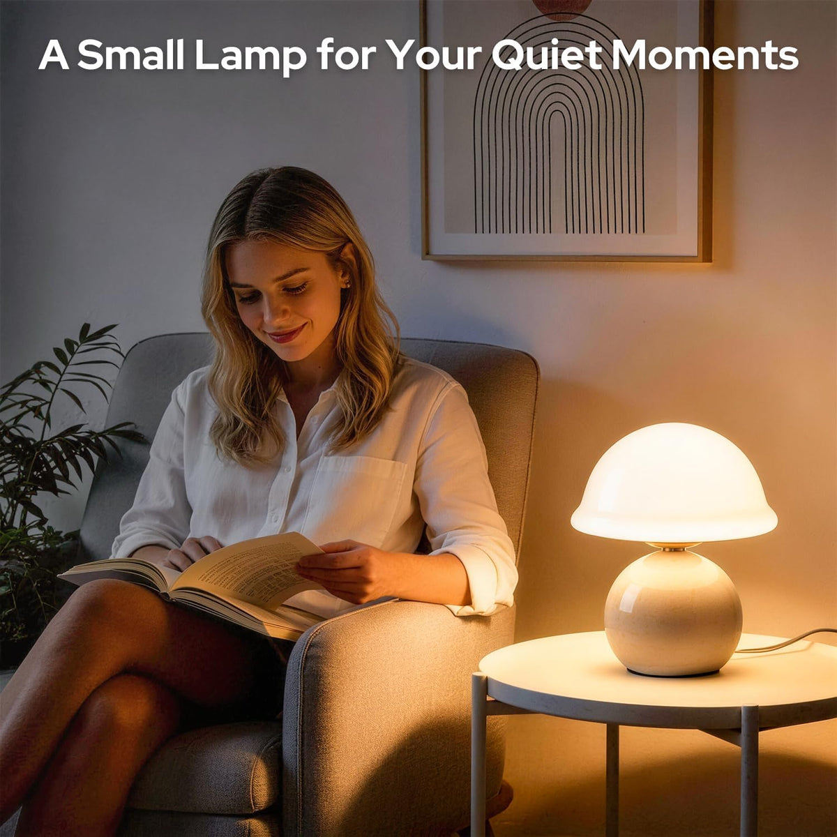 Glass Mushroom Lamp, Dimmable Bedside Table Lamp (White)