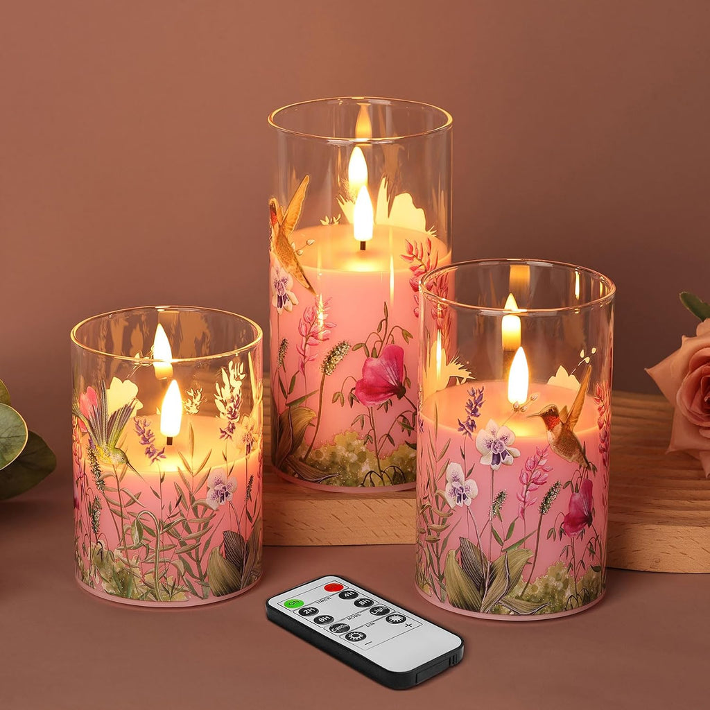 Pink Hummingbird Floral Glass LED Candles with Remote Set of 3