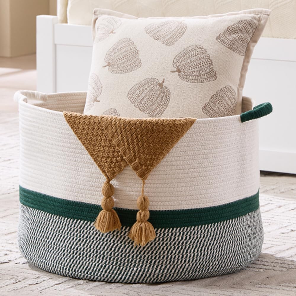 Luxury Little Extra Large Nursery Storage Basket, 20 x 20 x 13.8 inches - 100% Cotton Rope Baskets with Handles, Blanket Basket for Toys, Blankets & Pillows (Green)