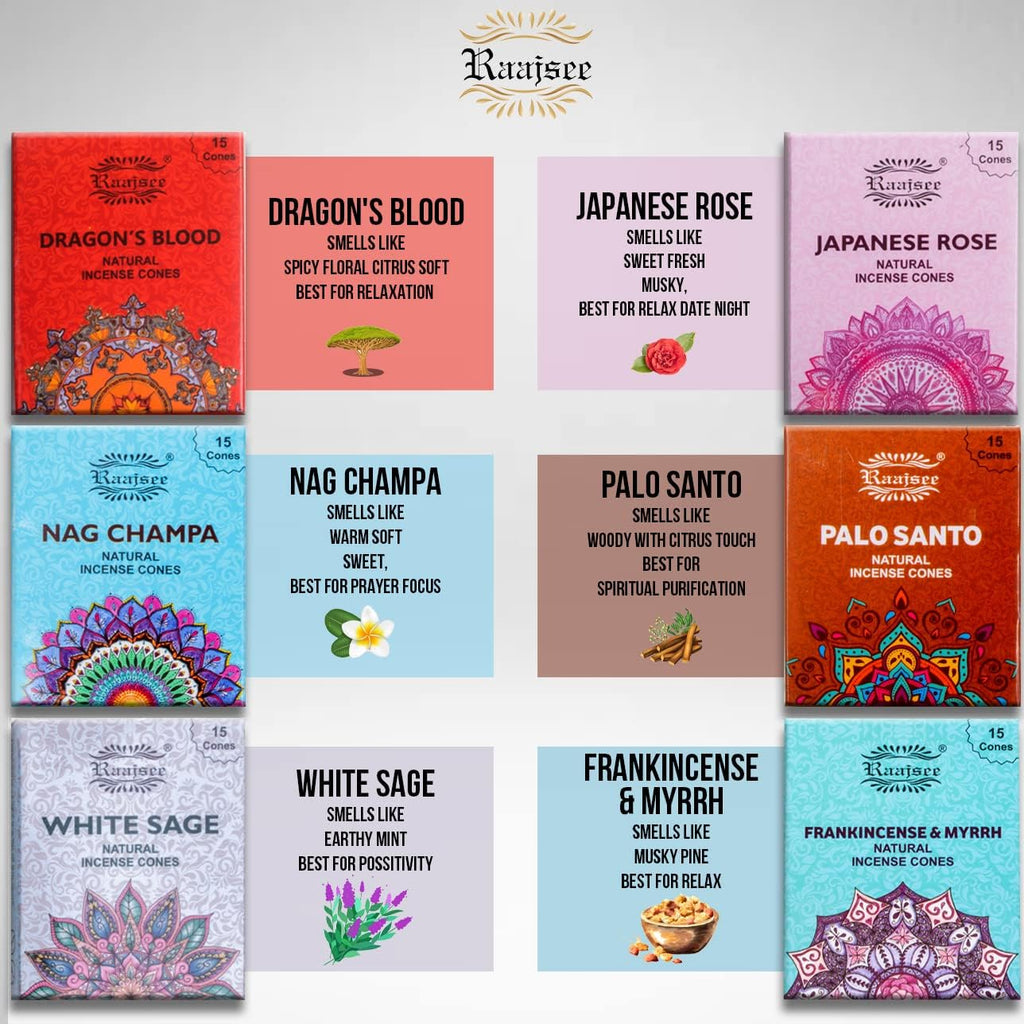 Raajsee Natural Incense Cones,6 Pack Mixed Scents Gift Pack 15 pc Each (90 Total), Insense Cones Variety Pack, 100% Organic Non Toxic Natural - Hand Rolled Free from Chemicals (Pack 2)