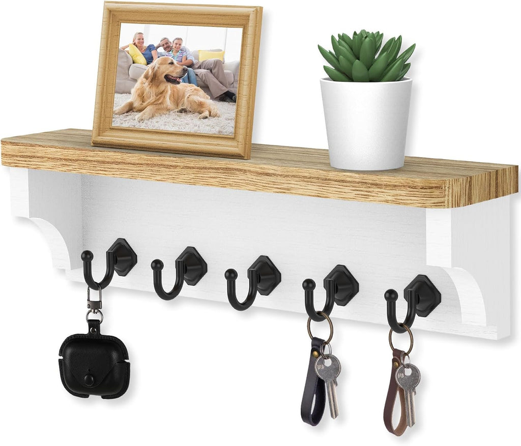 Nekon Key Holder for Wall, 11.8" W x 3.5" H x 2.8" D Wall Shelf, Wood