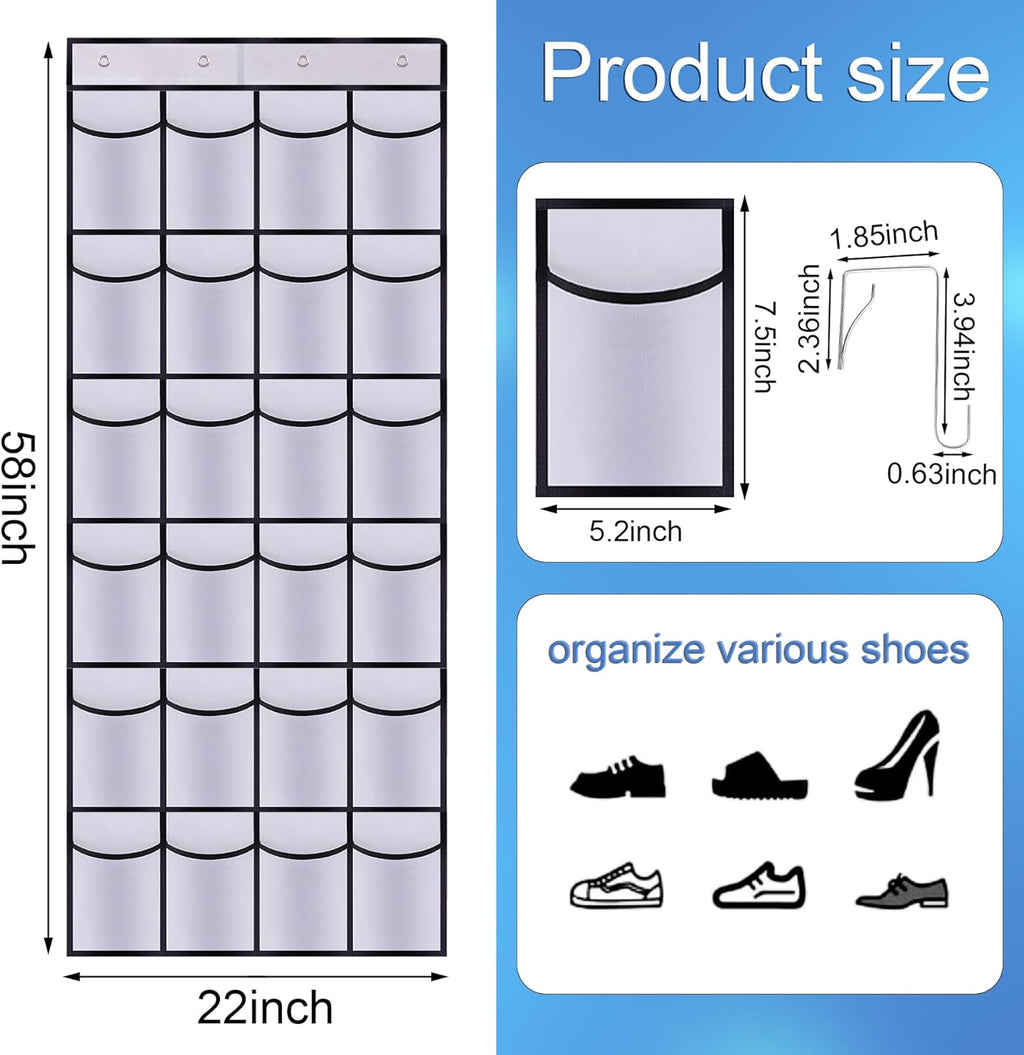 Over the Door Shoe Organizer,24 Mesh Pockets,Hanging Storage (White)