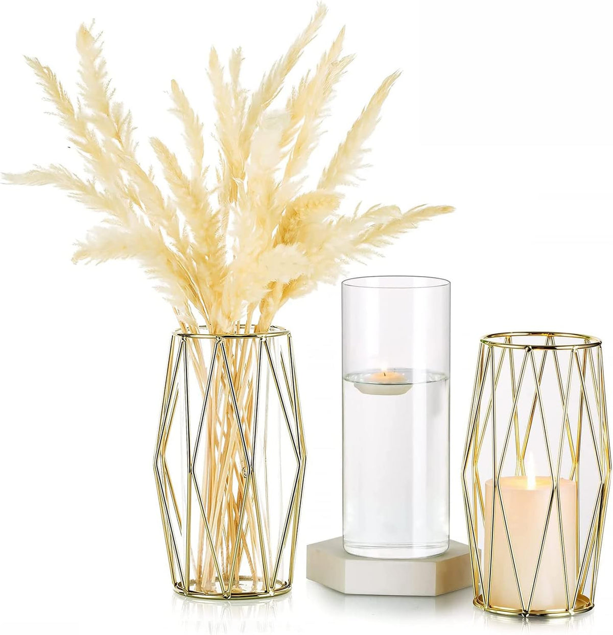 Gold Modern Flower Vases for Centerpieces – Hewory 8.5inch Glass Vase with Metal Stand Set of 2, Wide Big Tall Geometric Vases for Flowers, Flower Holders for Wedding Home Decor (Small,2pcs)