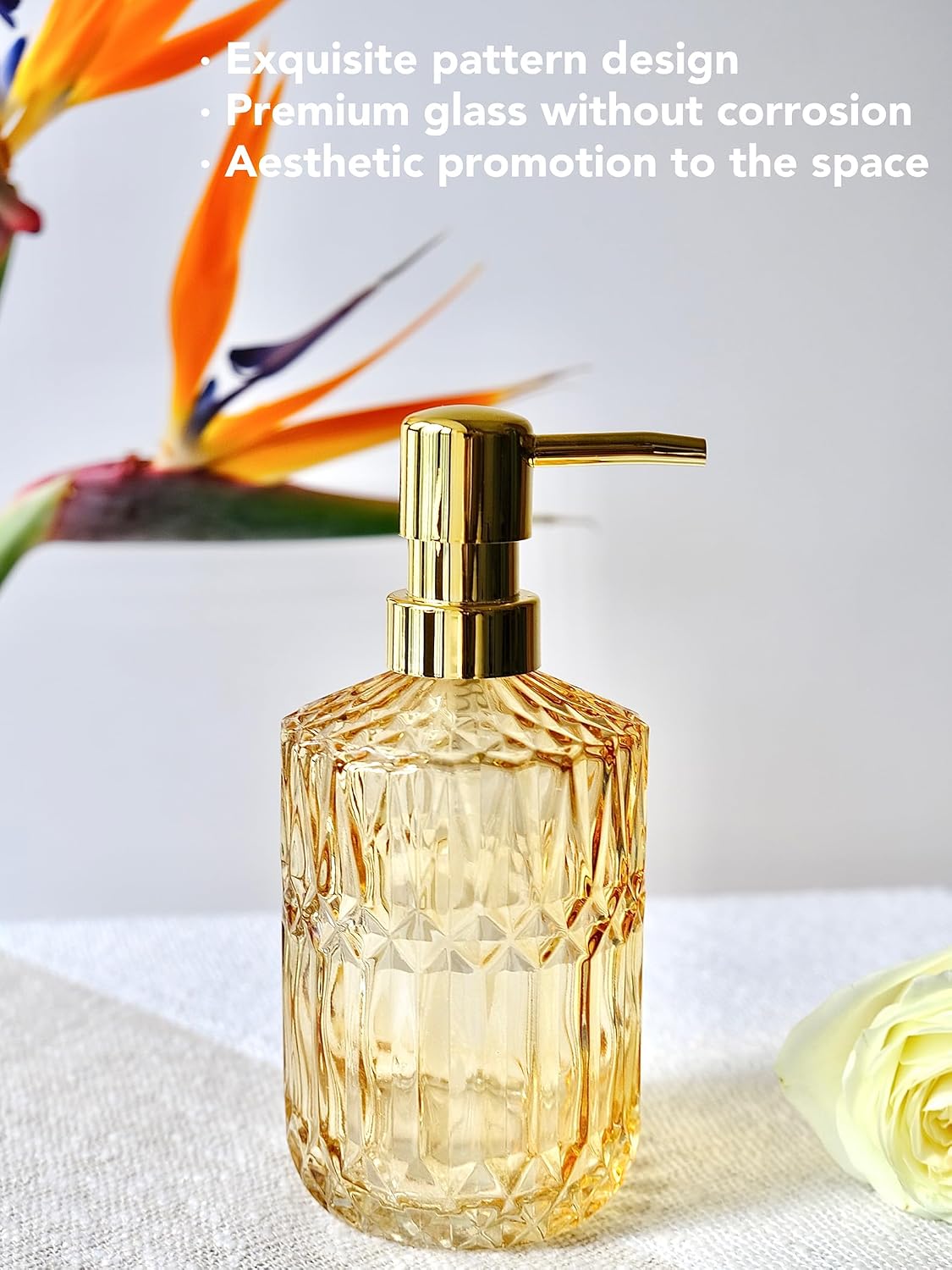 LaMarriti Clear Glass Soap Dispenser with Gold Rust Proof Pump, Refillable Thick Glass Kitchen Soap Dispenser, Lotion Dispenser Bathroom for Hands Soap, Dish Soap, Body Wash (Yellow Gold