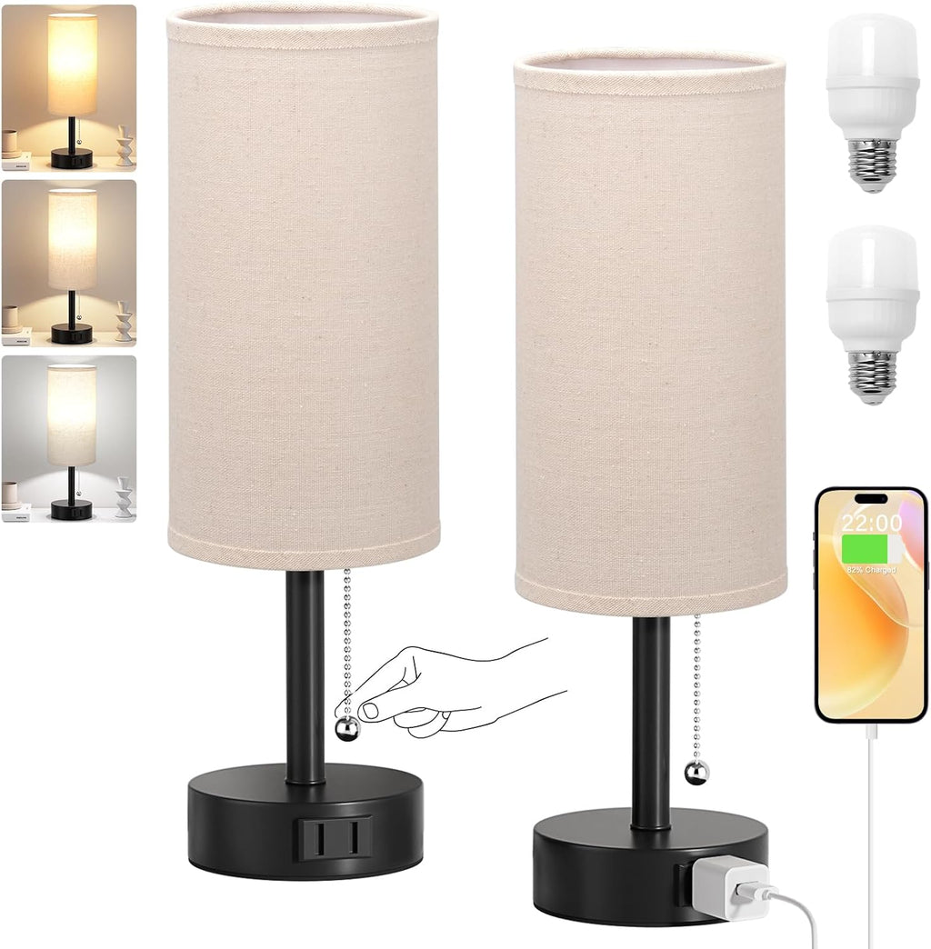 Beige Bedside Table Lamps Set of 2 - Bedroom Lamp for Desk, AC Outlet