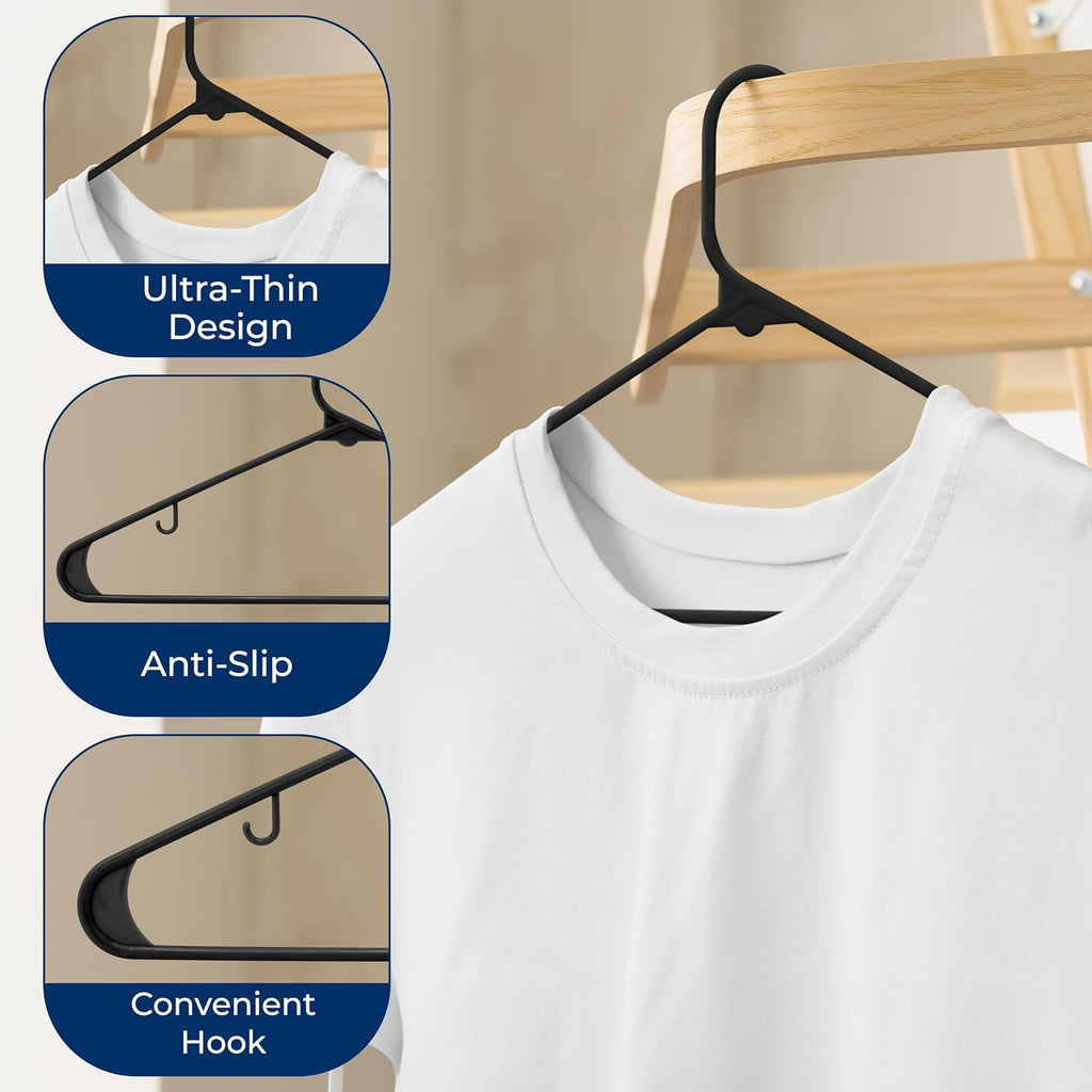 SereneLife 50 Pack Plastic Clothes Hangers | Organize Shirts, Dresses & Coats in Your Closet | Lightweight Non-Slip Recycled ABS, Heavy Duty, Ultra-Thin 0.24-Inch Profile, 5.5 Lbs Capacity | Black