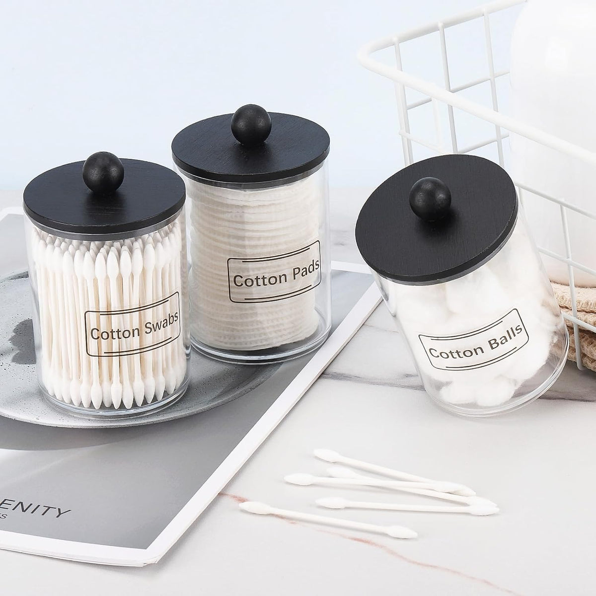 Tbestmax 3 Pack Qtip Holder, Clear Bathroom Containers Dispenser for Storage Cotton Ball, Cotton Swab 10oz Plastic Bathroom Jars with Wood Lids - Black