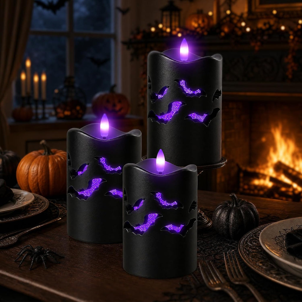 Halloween Flameless Pillar Candles with Bat Cutouts, Remote Control, 3 Pack