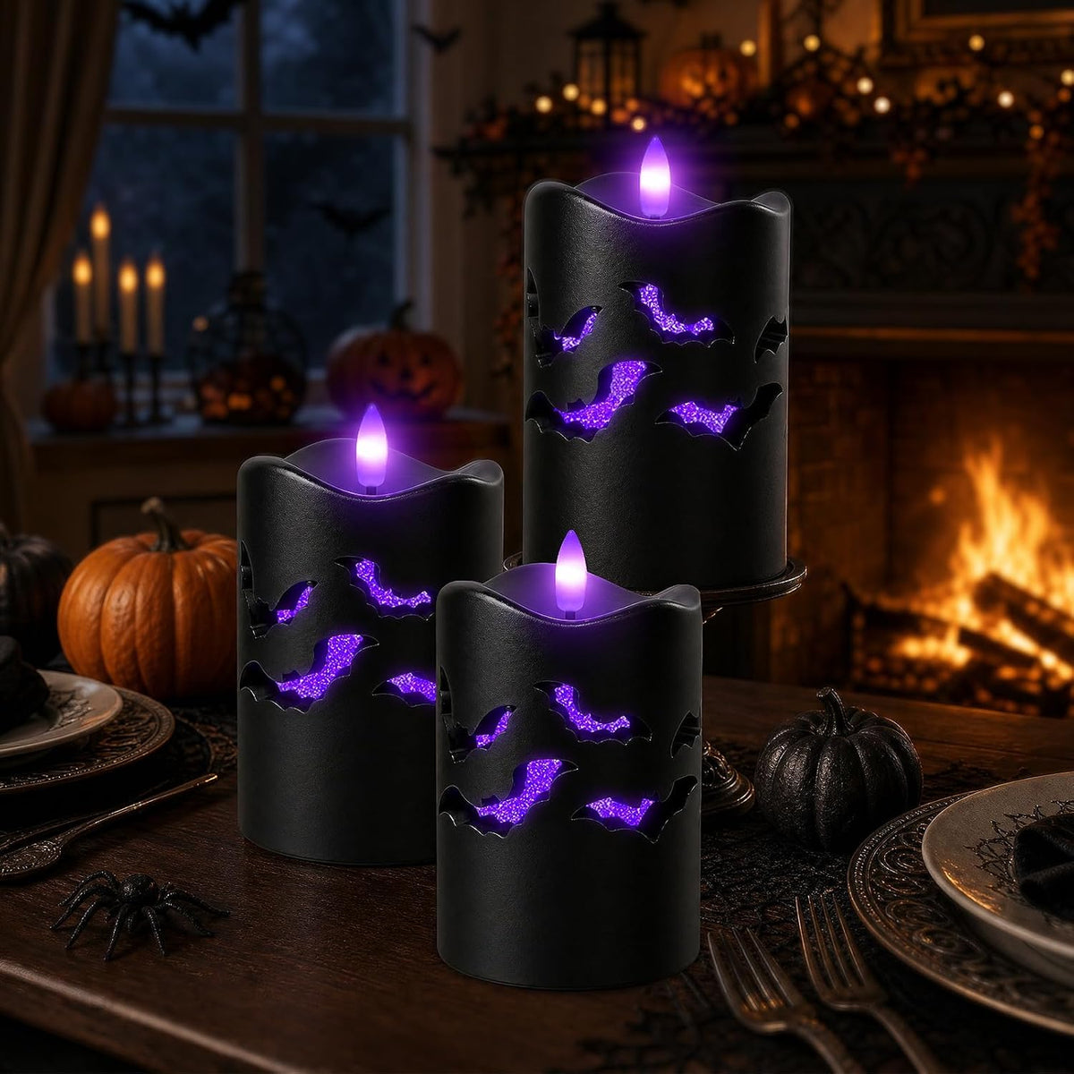 Halloween Flameless Pillar Candles with Bat Cutouts, Remote Control, 3 Pack