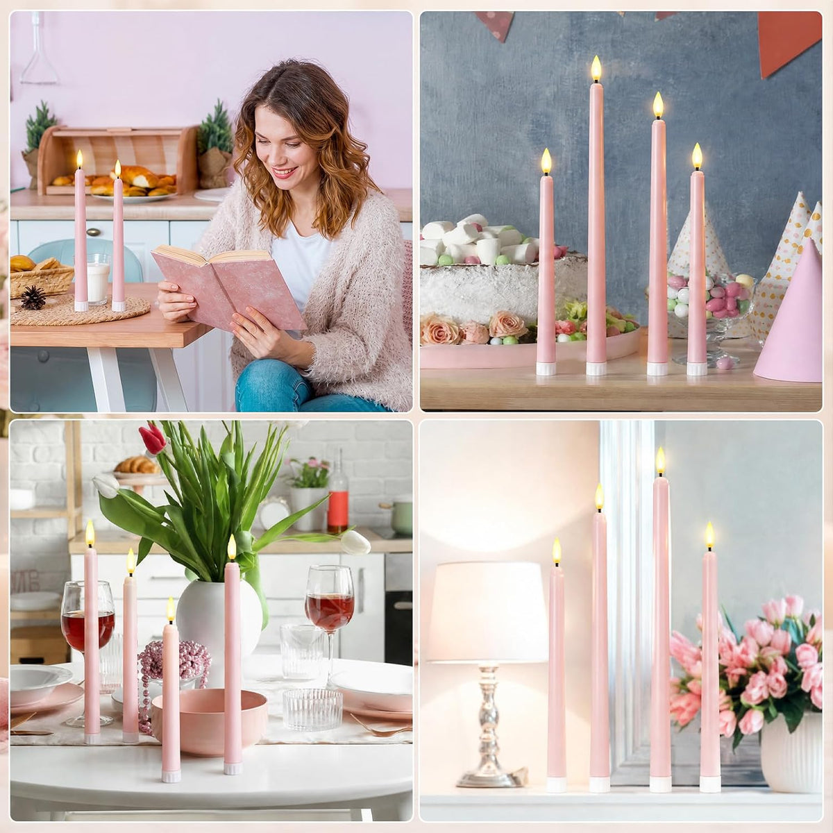 24 Pcs LED Taper Candle, Classic, 8.5",9.65",10.8",12.8", Pale Pink
