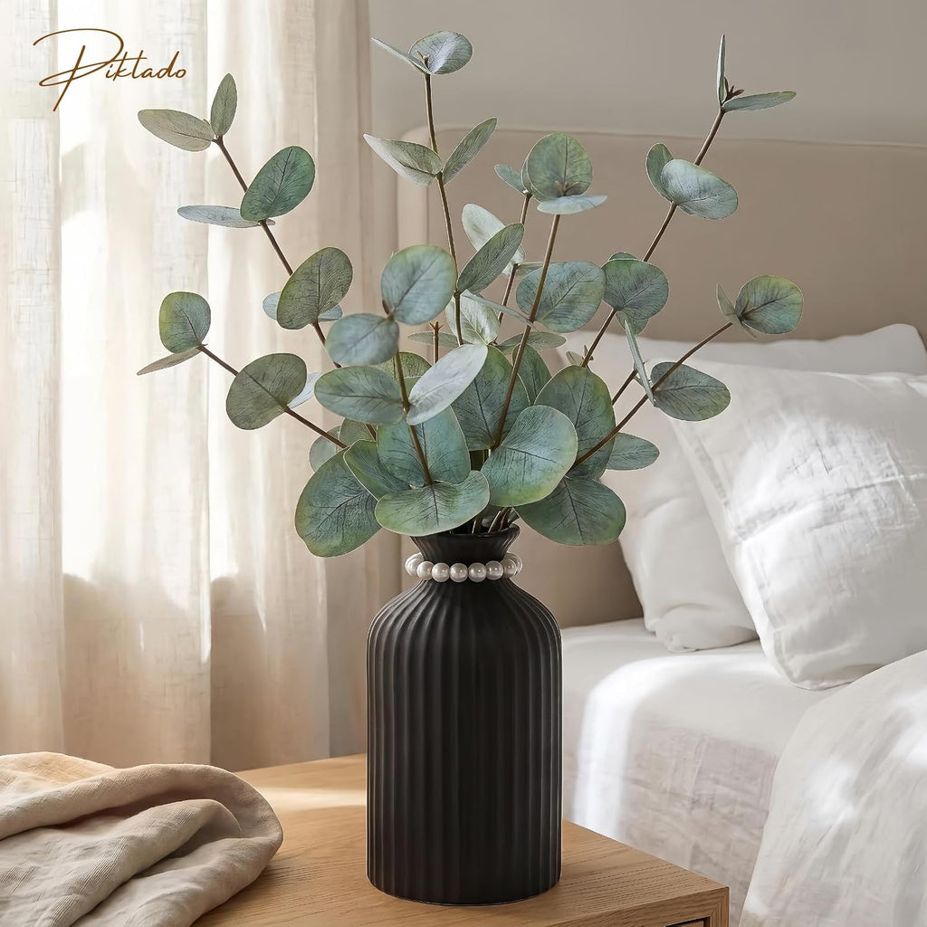 Artificial Eucalyptus Stems in Vase, Faux Plants with Frosted Ceramic Vase, Nordic Style Fake Green Plants with Bottle Set for Home Decor Indoor Centerpiece (Green Eucalyptus with Black Vase)