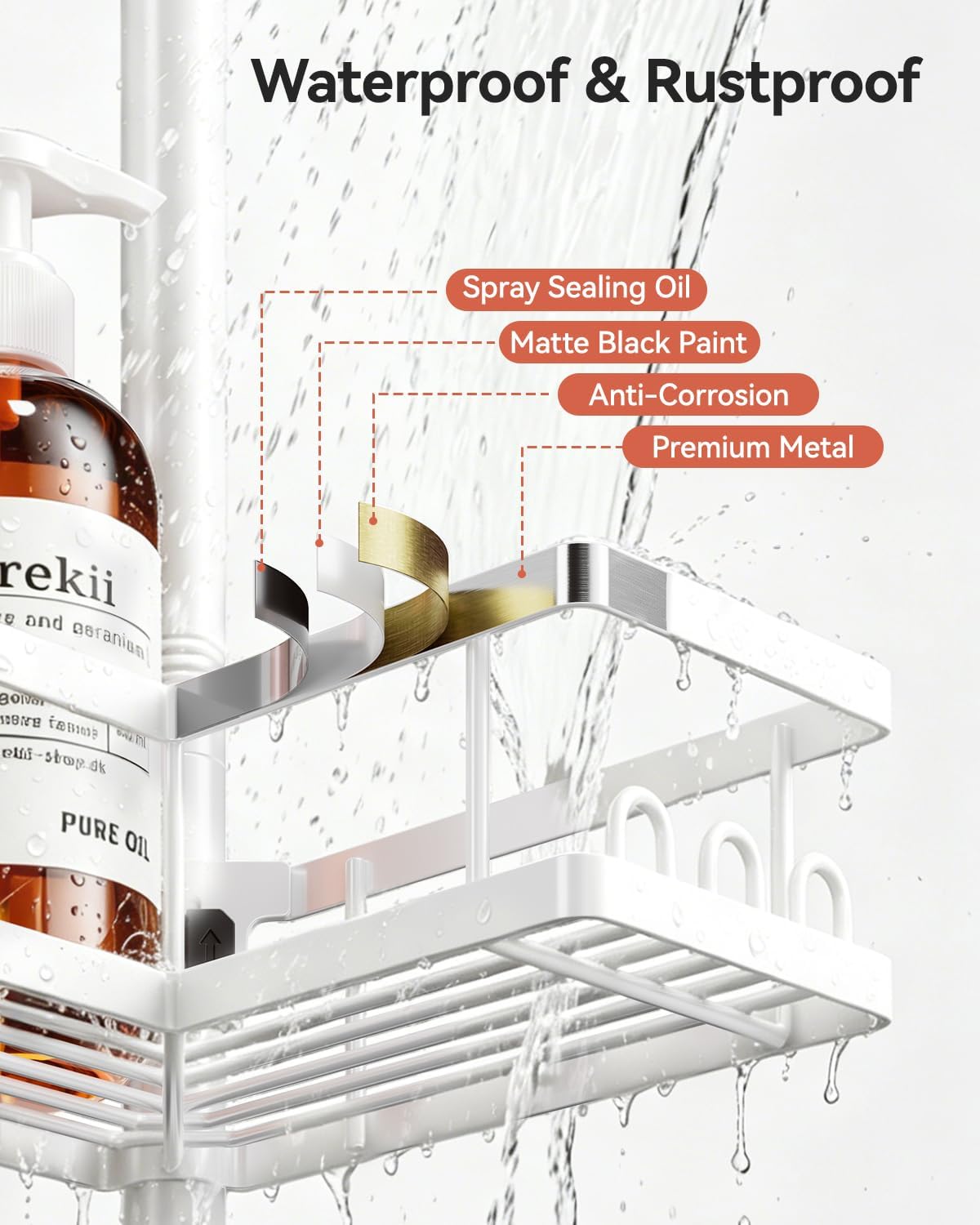 YASONIC Corner Shower Caddy Tension Pole, Adjustable Shower Shelves, Rust-Resistant Shower Organizer, No-Drill 3-Step Installation, Bathroom Shelves for Renters & Family, White