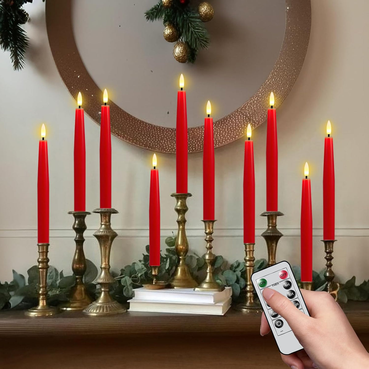 Red Christmas Flameless Taper Candles Battery Operated with Remote Timer