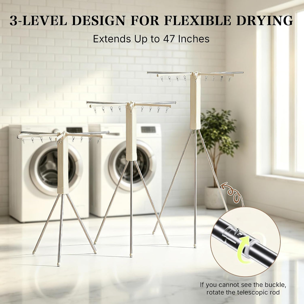 Foldable Clothes Drying Rack, Adjustable Windproof Laundry Drying Rack with Grooves & Clips, Outdoor Clothes Drying Rack Stand for Indoor Outdoor,Travel, Camping, Hotel, RV, Small Apartment