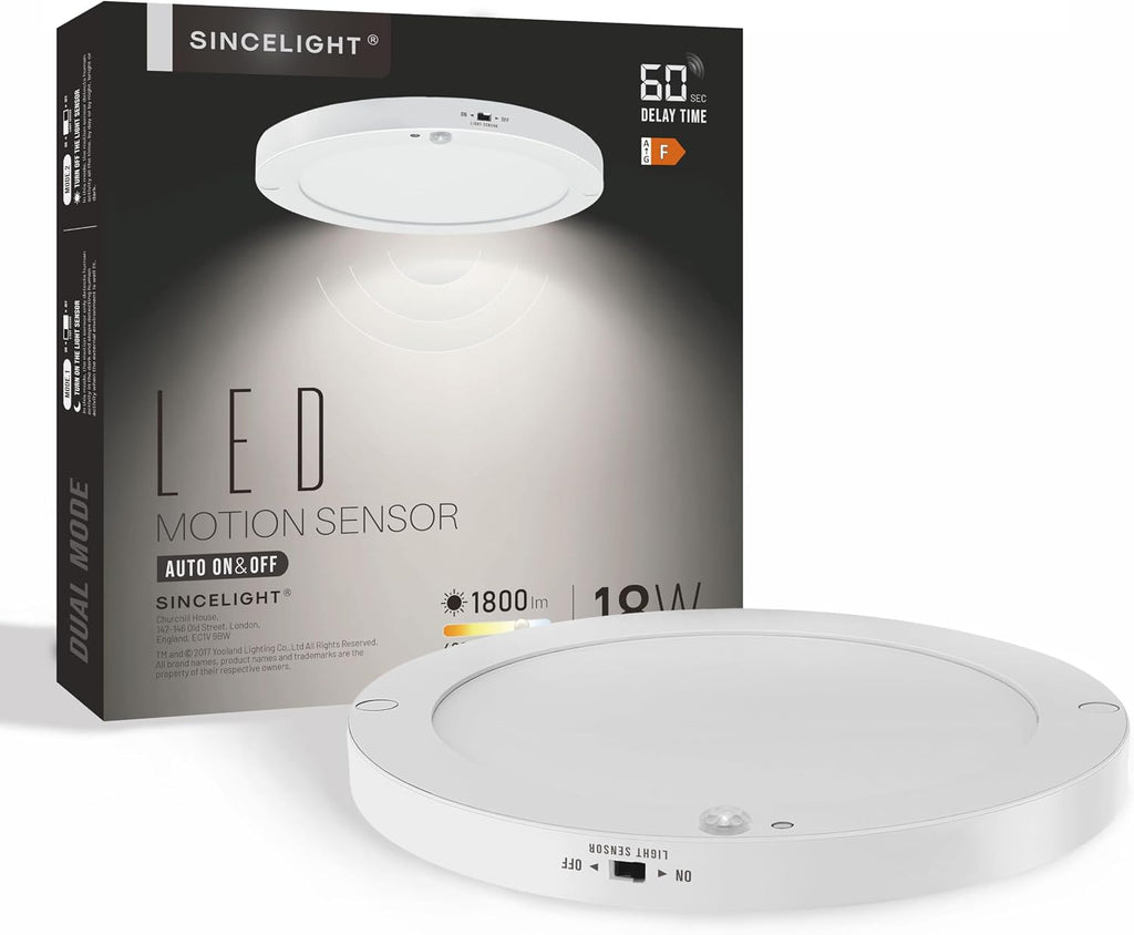 SINCELIGHT PIR Motion Sensor 18W LED Ceiling Light (Φ9''/220mm), Automatically ON/Off, Movement Activated, Dual Mode Turnable, Cool White 6000K, Surface/Flush Mount for Hallway,Porch, Pack of 1