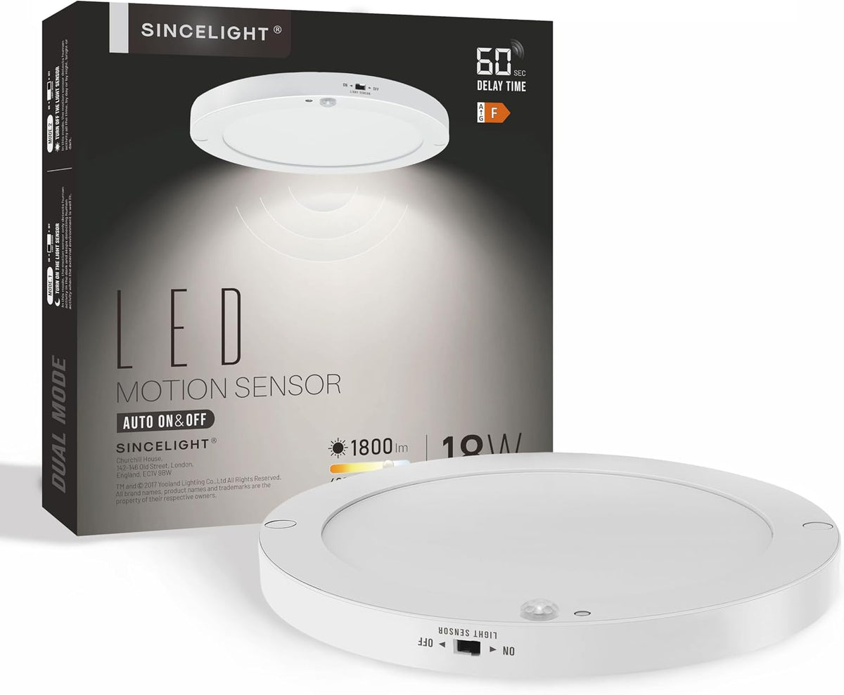 SINCELIGHT PIR Motion Sensor 18W LED Ceiling Light (Φ9''/220mm), Automatically ON/Off, Movement Activated, Dual Mode Turnable, Cool White 6000K, Surface/Flush Mount for Hallway,Porch, Pack of 1
