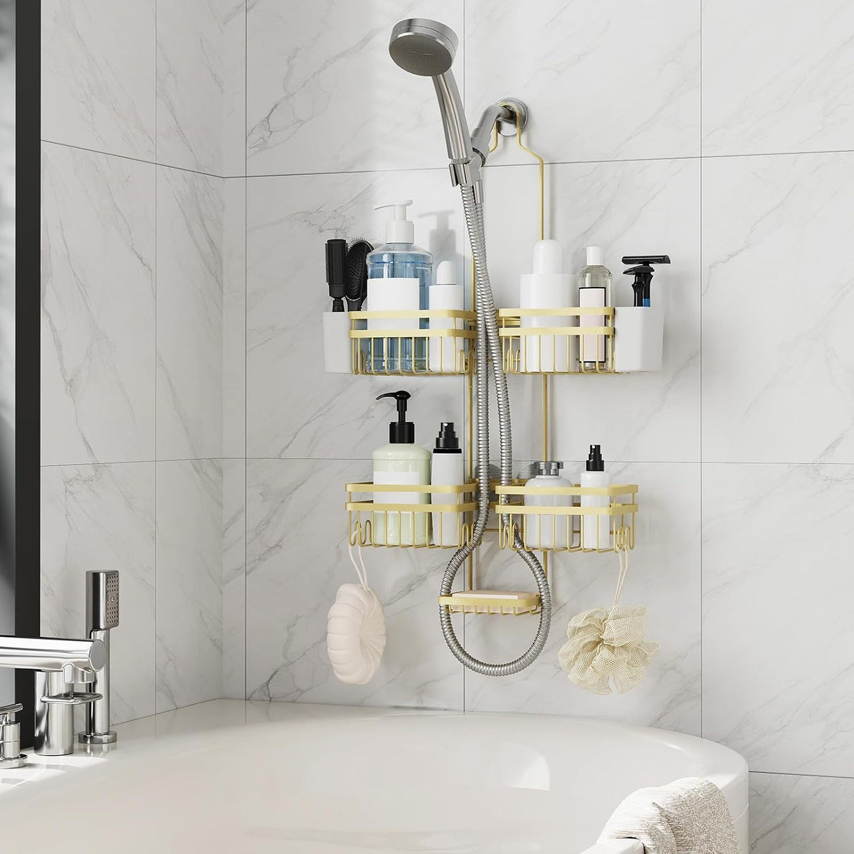 Shower Caddy Hanging for Bathroom Organizers and Storage - 3-Tier Adjustable Anti-Swing Shower Organizer Hanging with Heavy-Duty Suction Cups, Damage-Free Rustproof (Gold)