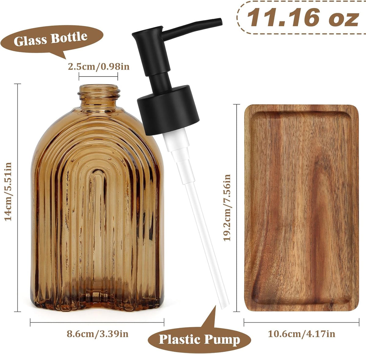 Glass Soap Dispenser Set with Wooden Tray, 11.6Oz Refillable Liquid Modern Soap Dispenser with Plastic Pump for Hand and Dish Set for Bathroom Countertop Decor (Amber)