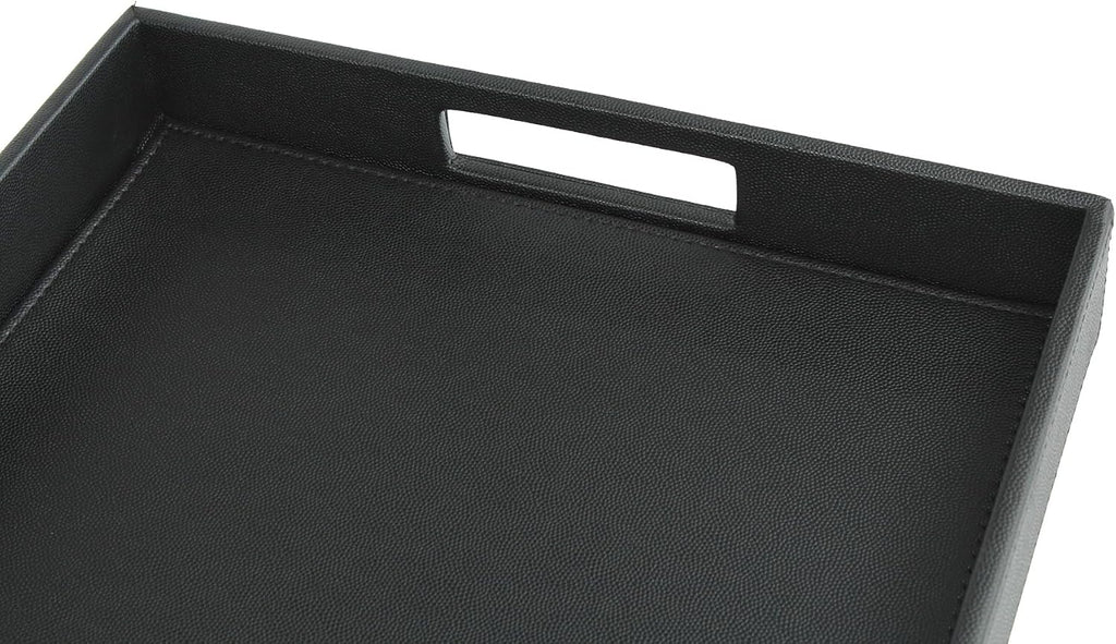 HofferRuffer Rectangle Serving Tray with Hole Handles for Coffee Table, Breakfast, Tea, Food, Butler - Countertop, Kitchen, Vanity Serve Tray, 16.2 x 12.2 x 2 inches, Faux Leather Tray (Black)