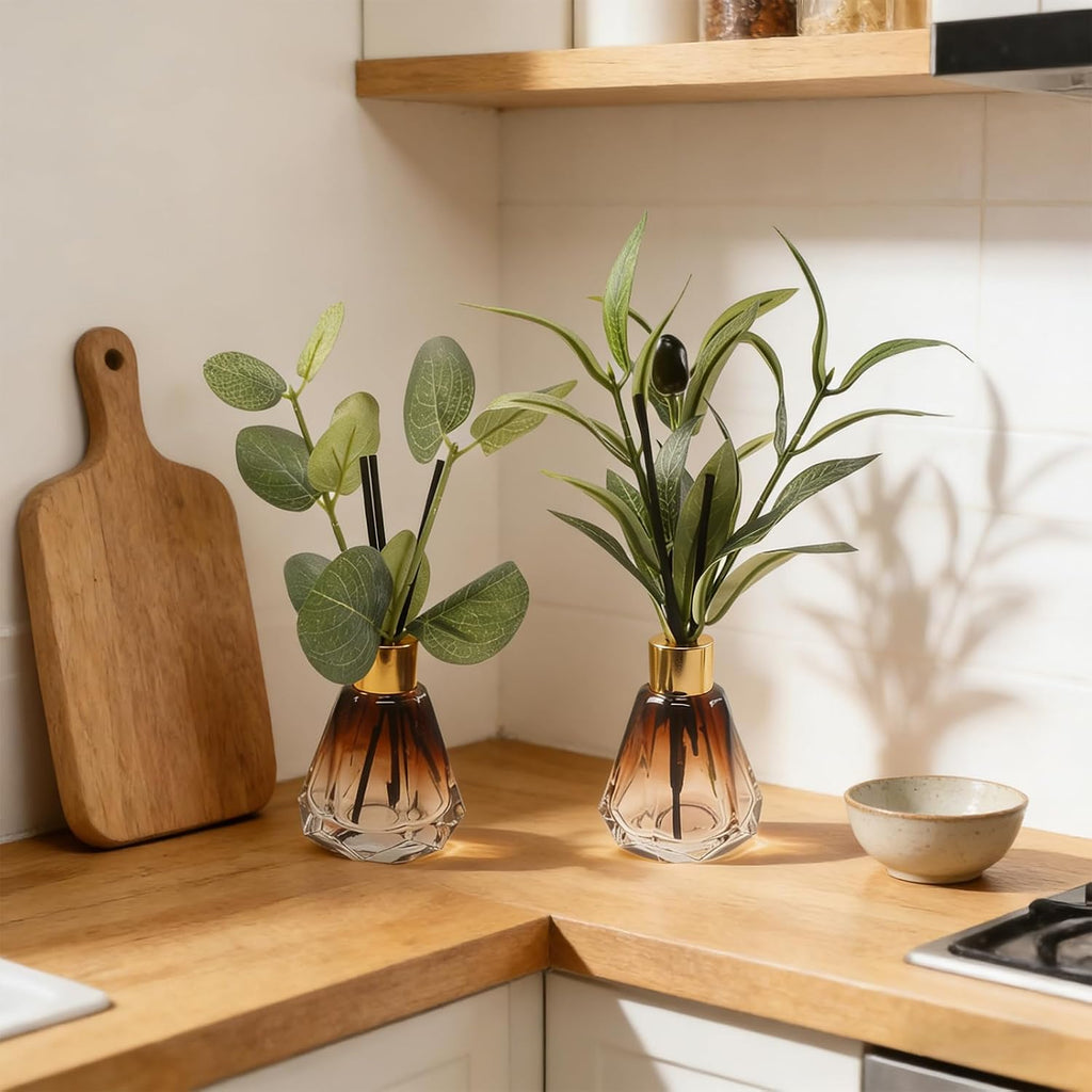 2Pcs Empty Reed Diffuser Brown Glass Bottle Set with Artificial Plant Decor