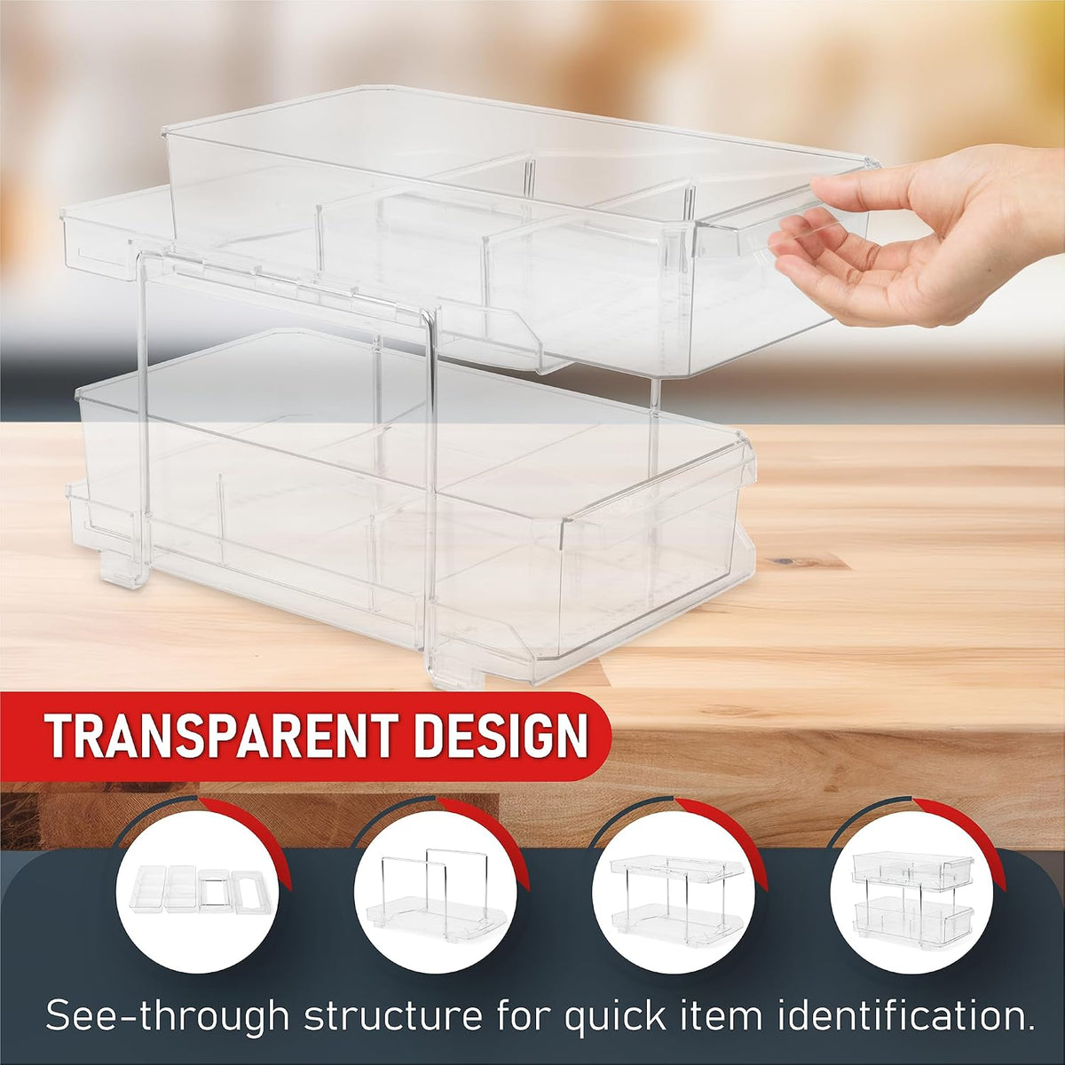 Masirs 2-Tier Clear Pull-Out Drawer Organizer - Sleek, Compact & Sturdy Makeup and Closet Organizer - Easy Assembly Kitchen Storage Solution, Ideal for Makeup, Tools, Medicines & Snacks