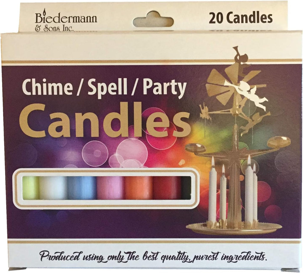 Biedermann & Sons Multicolor Chime Candles (Set of 20), Unscented Dripless Tapers, 4 Inch Tall 0.5 Inch Diameter, 2 Hour Burn, Colorful Sticks for Angel Chime Carousels and Chime Holders
