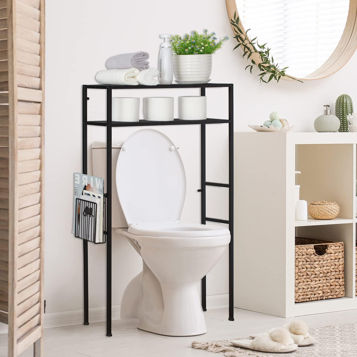 MyGift 2-Tier Over The Toilet Storage Rack, Over Toilet Bathroom Organizer, Freestanding Above Toilet Shelf with Removable Magazine Holder Basket, Black Metal Cabinet for Laundry Space Saver