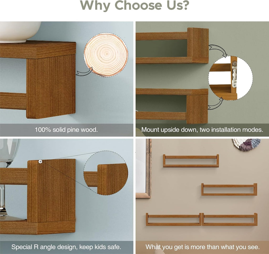 Forbena Nursery Floating Book Shelves, Walnut Brown Wall Bookshelf for Kids