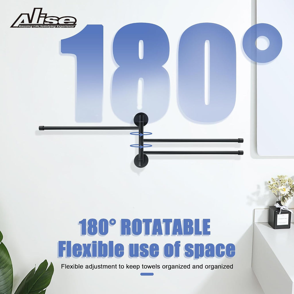Alise 3 Arm Swivel Towel Rack, Matte Black Swivel Out Towel Bar, 13.9 Inch
