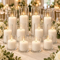 Set of 12 White Pillar Candles with Clear Glass Hurricane Holders- Elegant Cylinder Candle Vases for Weddings, Parties, Centerpieces, Home & Office Decor (White, 12 Set)