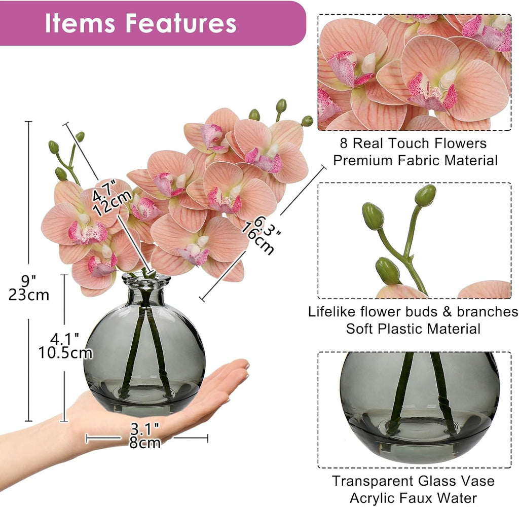 Oairse Pink Rose Orchid Artificial Flower Faux Orchid Arrangement with Vase