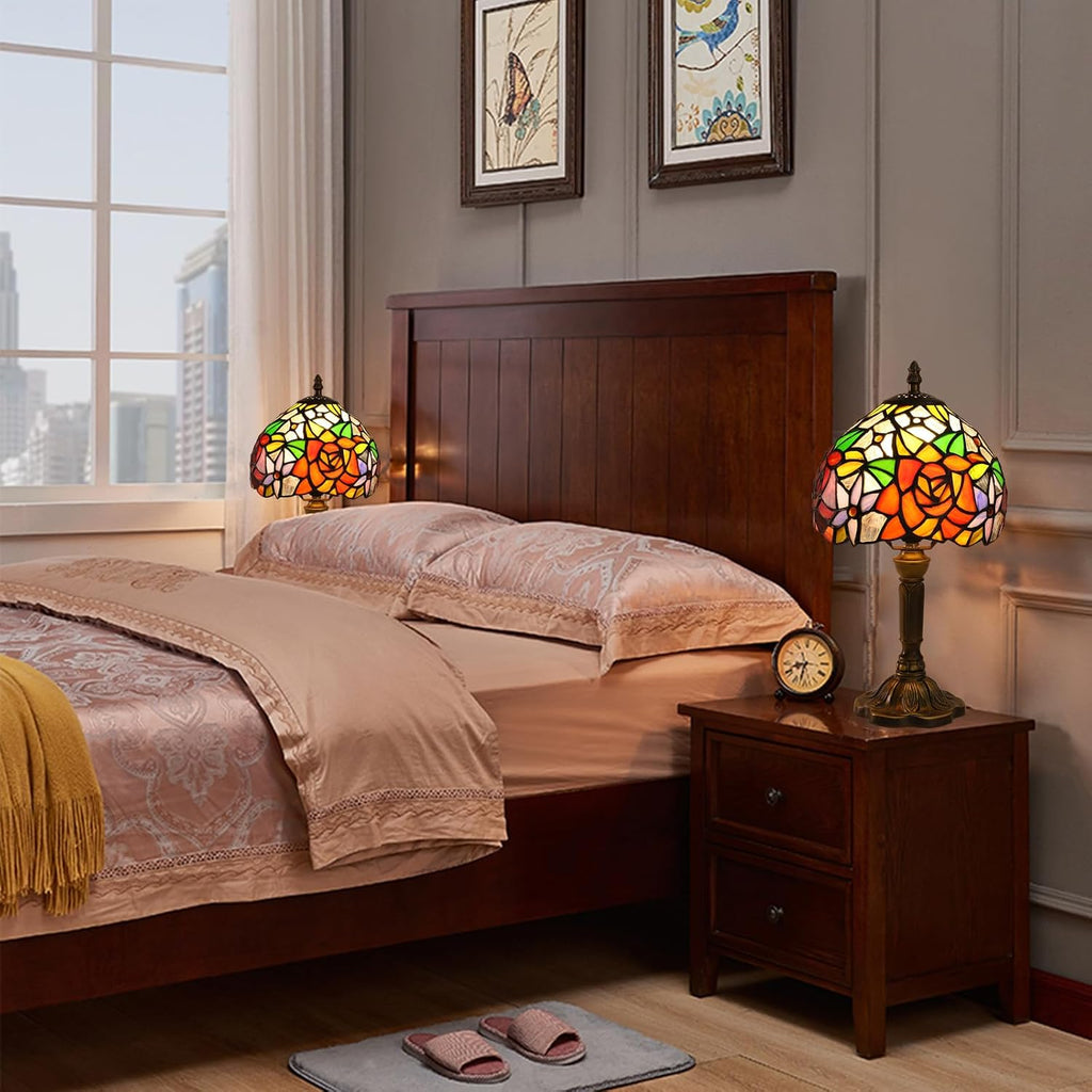 Rose Tiffany Small Table Lamp 3 Way Color Temperatures Stained Glass Bedside Nightstand Table Lamps for Living Room,Bedroom, Home Office Reading Desk Lamp+LED Bulb,8X8X15 Inch