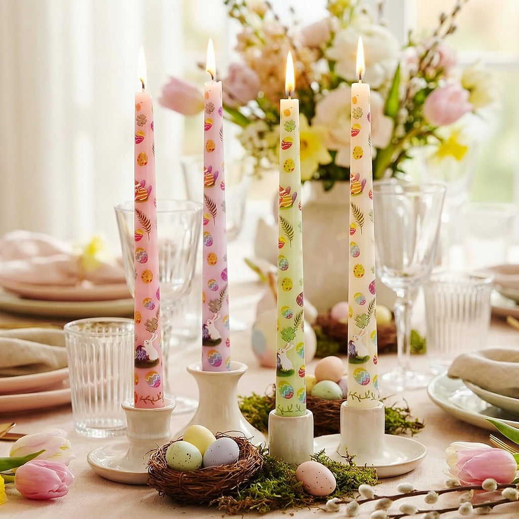 4 Pack Easter Printed Taper Candles, 10 Inch Tall Tapered Candles with Bunny & Egg Designs for Easter Dinner Table Home Party Decor