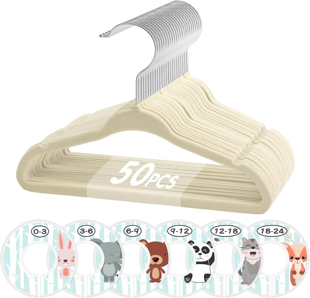 VIS'V Velvet Baby Hangers with 6 Pcs Size Dividers, 11 Inch, Beige, 50 Pcs