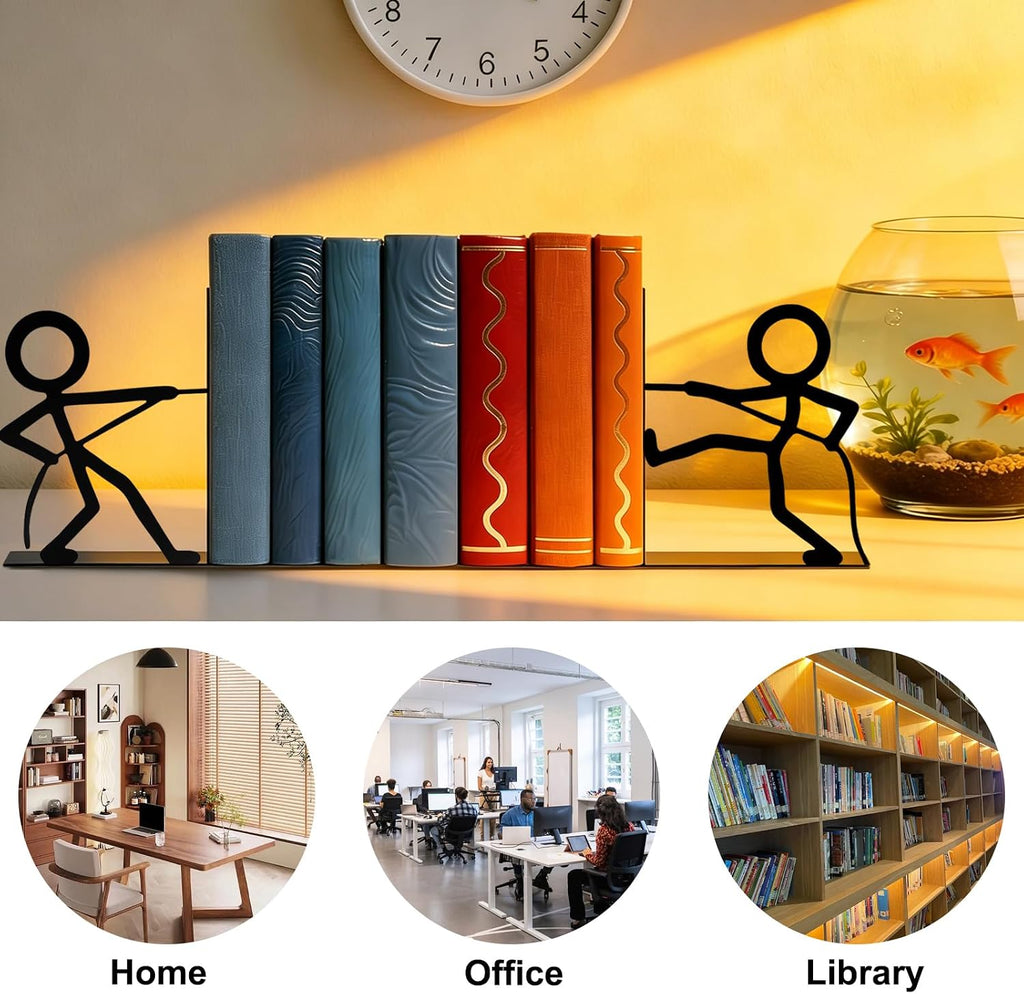2 Pcs Metal Bookends and Heart Bookmark,Book Ends for Book Shelf,Tug of War