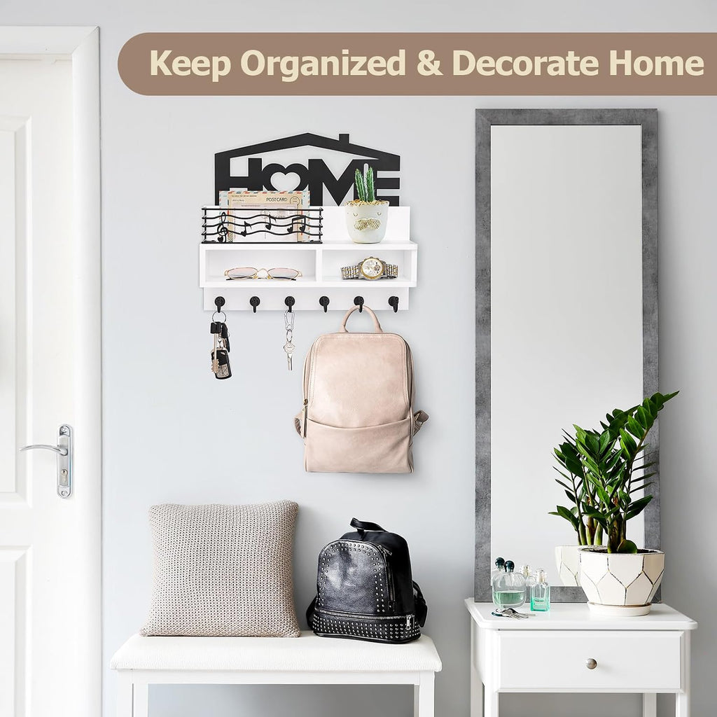 VIS'V Key Holder Wall Mount, Decorative Wood Mail and Key Organizer, White