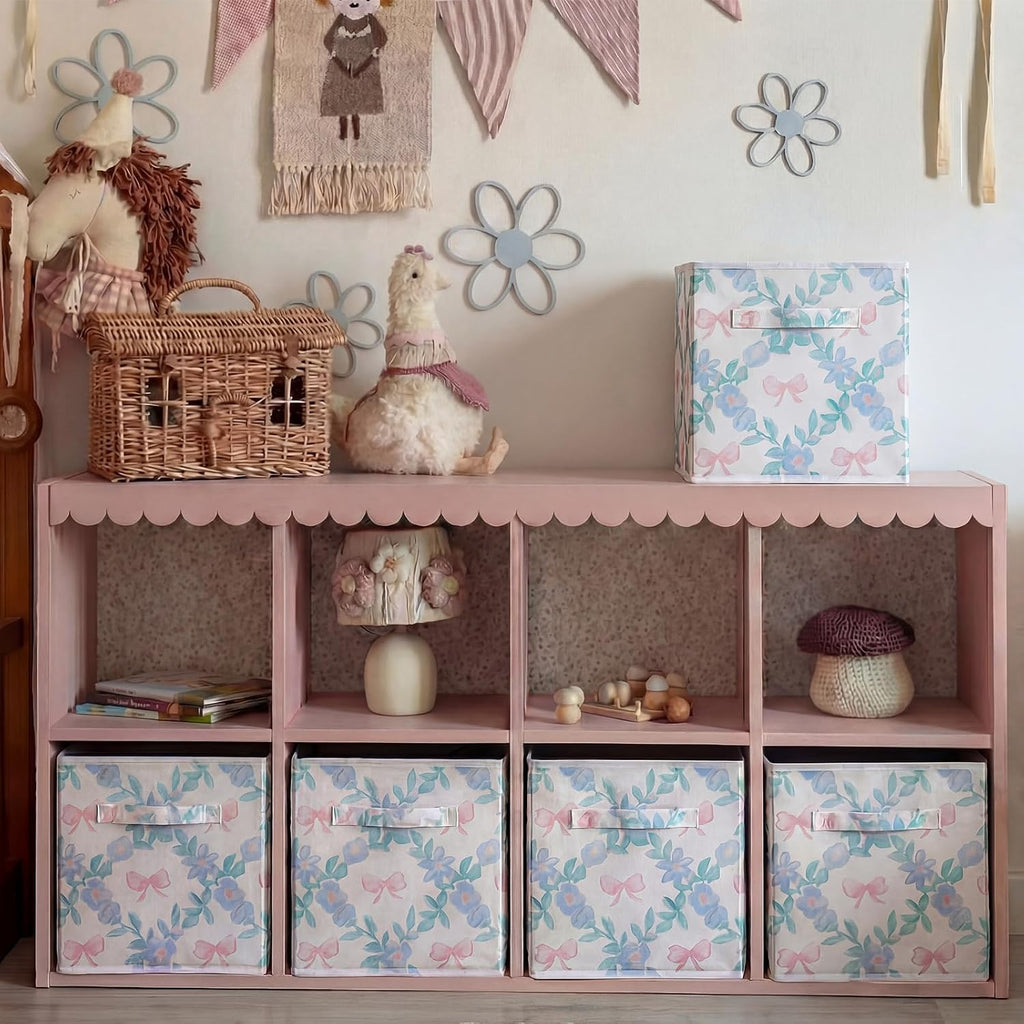 Geelin 6 Pcs Blue Floral Bow Cube Storage Bins 11 Inch Storage Basket