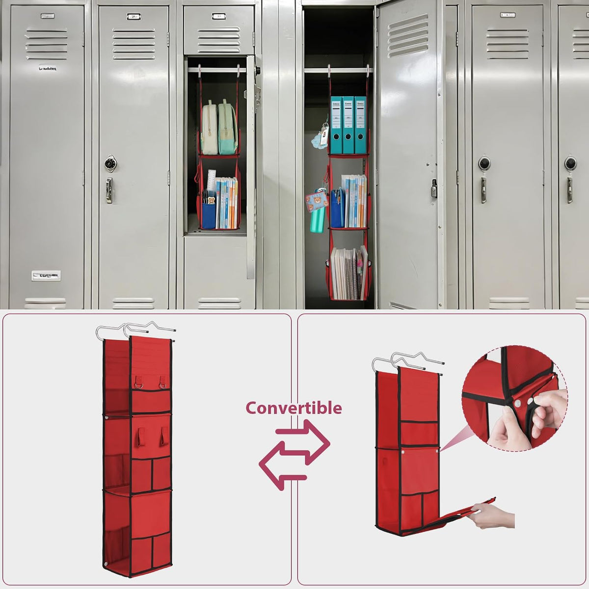 LOVEGRASS 3 Shelf Hanging Locker Organizer with Side Pockets, Red and Black