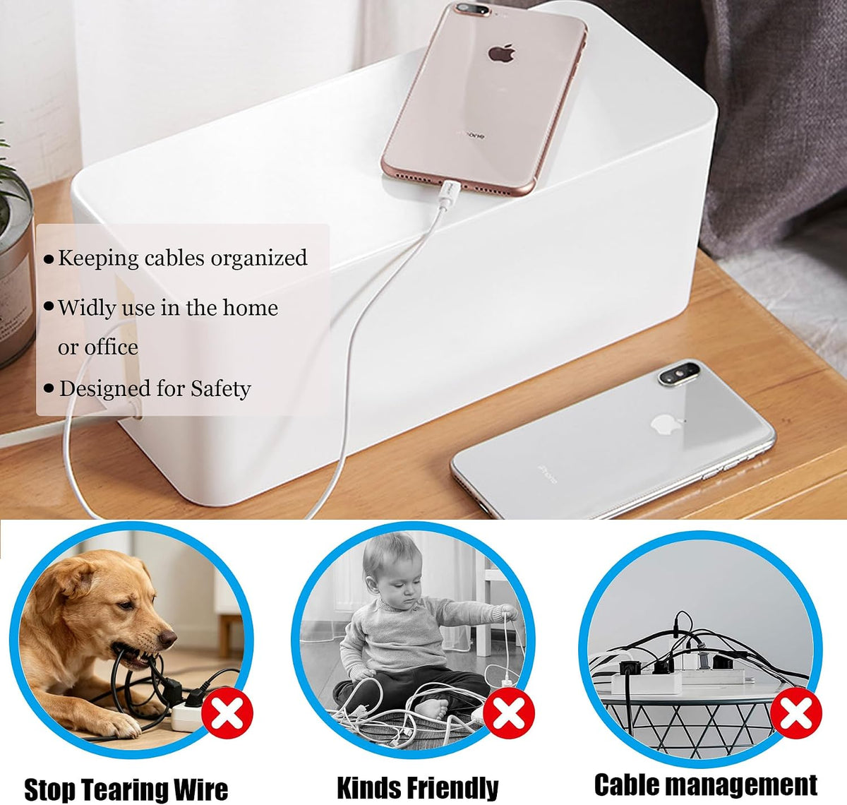 Cable Management Box,Power Cover Surge Protector for Desk Large White
