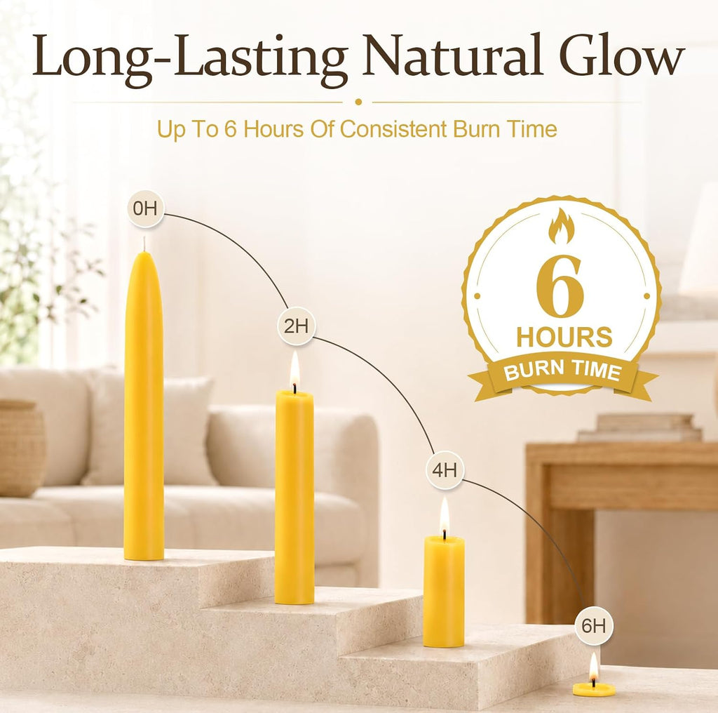 6 Inch Pure Beeswax Taper Candles 10 Pack, 6-Hour Burn
