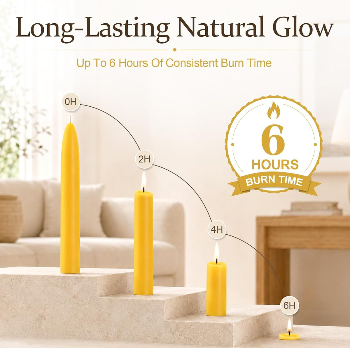 6 Inch Pure Beeswax Taper Candles 10 Pack, 6-Hour Burn