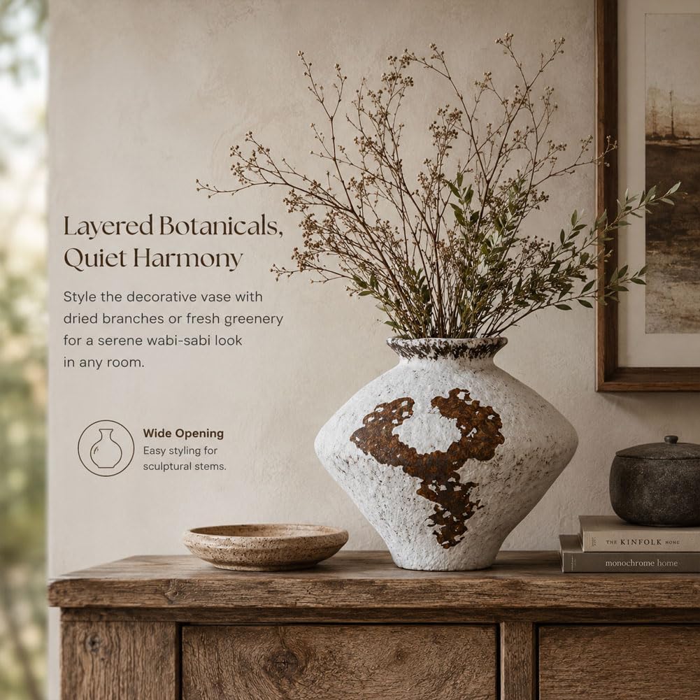 Wabi Sabi Rusty Vintage Vase, 11.4" Tall Wabi Sabi Decor Rustic Farmhouse Pottery Vase for Centerpiece, Textured Pottery Flower Vases for Home Decor, Table, Living Room, Bathroom, Kitchen