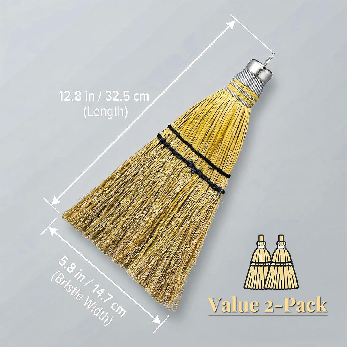 12" Hand Held Whisk Broom 2 Pack, Natural Handmade Corn Mini Broom with Stiff Bristles, Small Straw Sweeping Brush for Fireplace, Car Detailing, Workbench & Farmhouse Decor