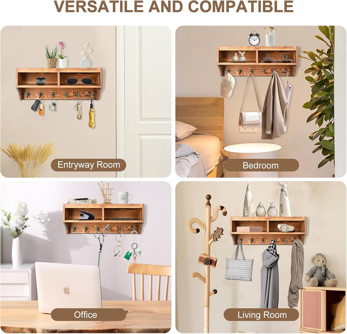 Key Holder Wall Mount with Mail Organizer, 6 Hooks & Shelf, Brown