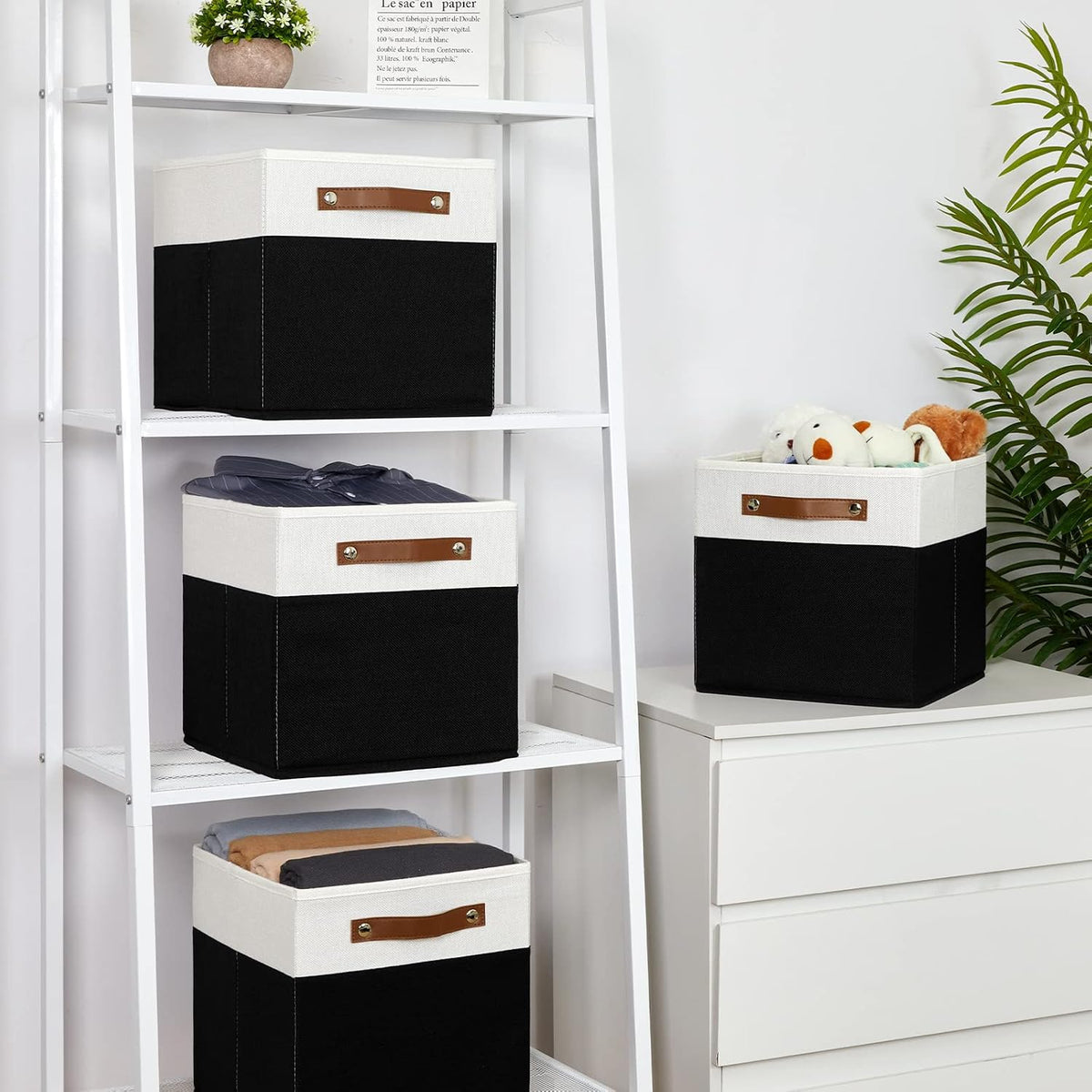 Temary 11 inch Cube Storage Bin 4 Pack Fabric Storage Cubes for Home, Fabric Storage Bin Storage Cube Bins with Leather Handles(White&Black)