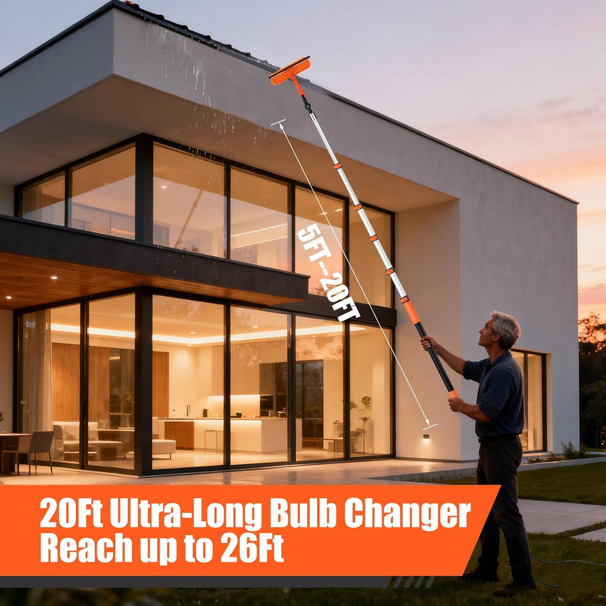 26FT Light Bulb Changer Kit with Ceiling Fan Cleaner Extension Pole Orange