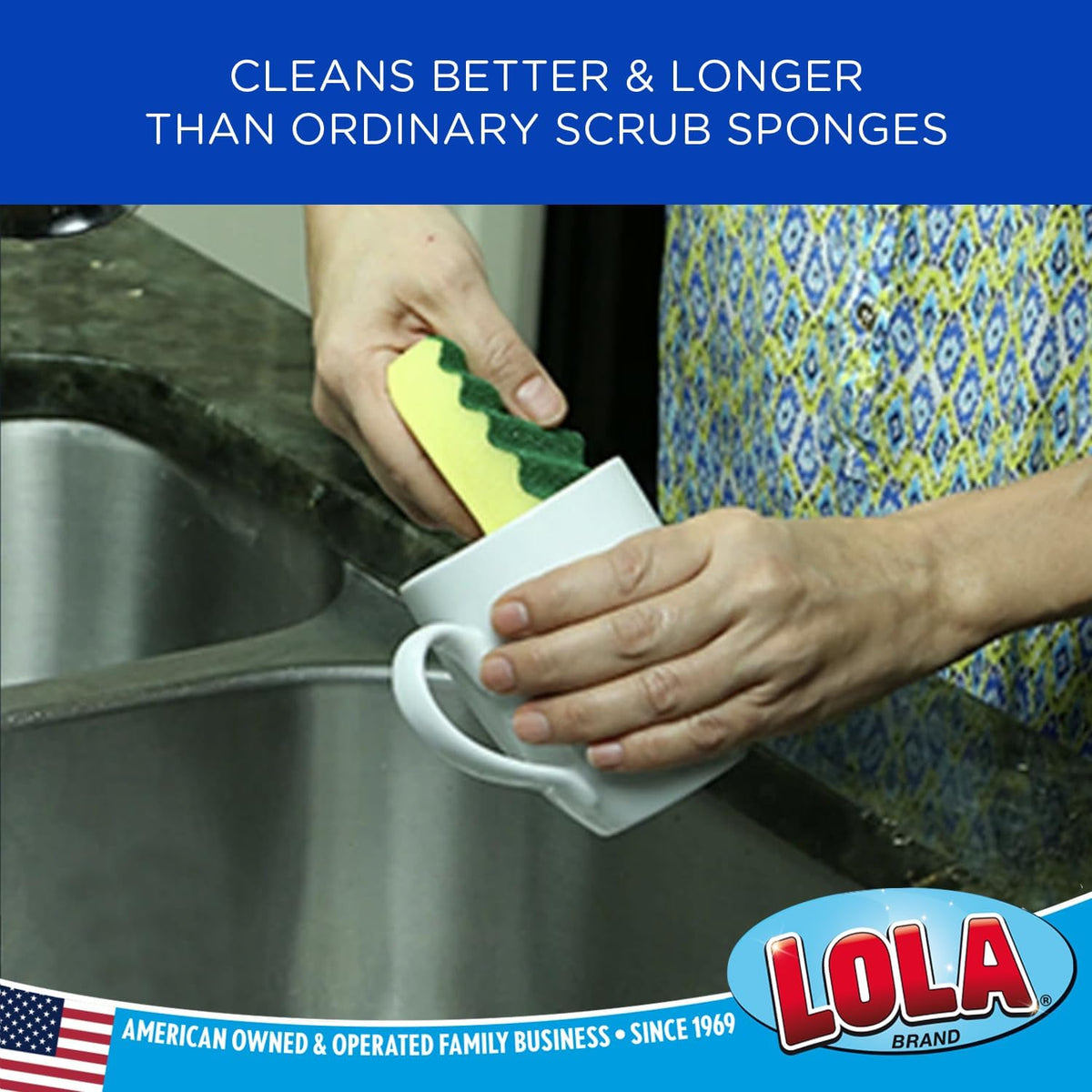 LOLA Heavy Duty Scrub Sponges, 24 Pack, Made in USA, Superior Sponge Lasts up to 4X Longer, Reusable Long Lasting, Next Generation Cleaning