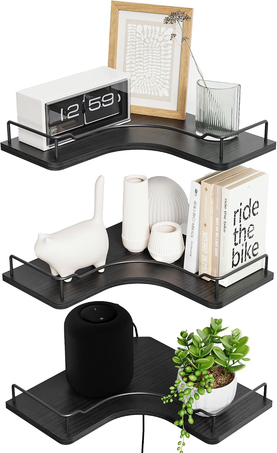 L-Shaped Corner Floating Shelves Wall Mounted Set of 3,Black