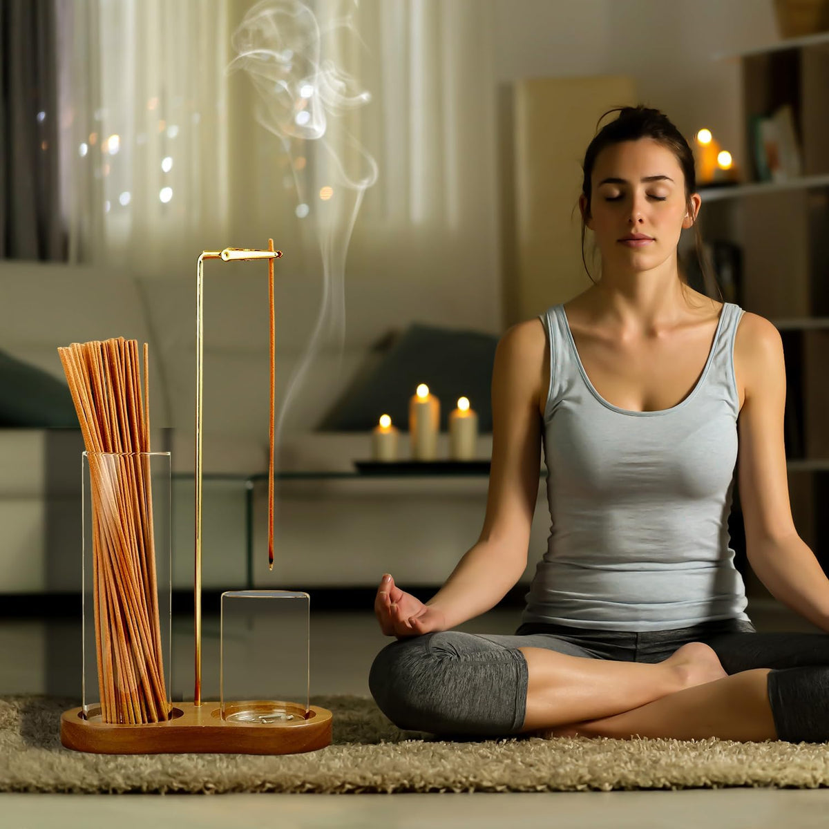 2 in 1 Incense Holder for Sticks, Anti-Ash Flying Incense Burne with Glass Ash Catcher and Incense Sticks Organizer for Meditation Yoga Spa Home Decor (Dark Base)