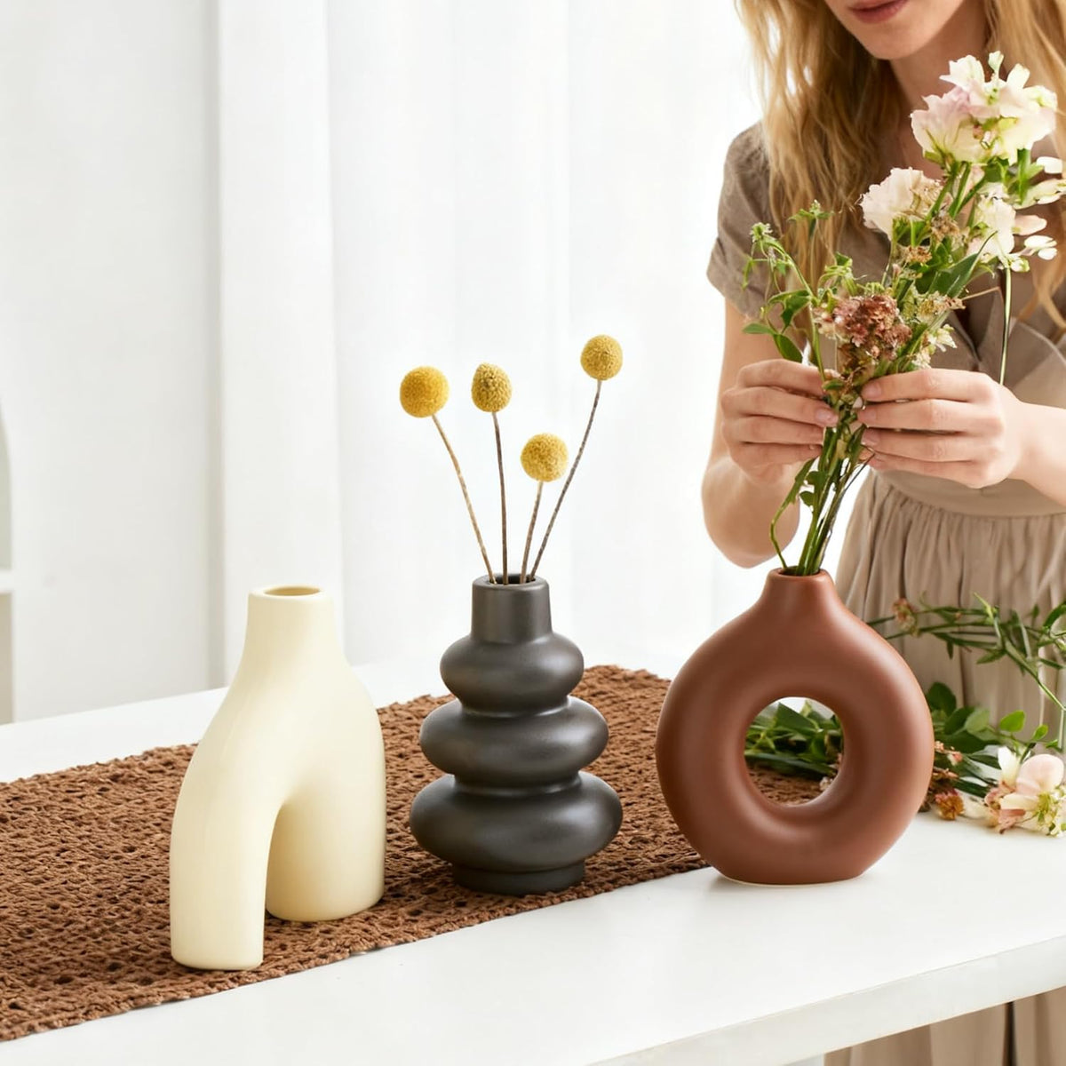 Boho Ceramic Vase Set of 3, Rustic Flower Vases for Pampas Grass